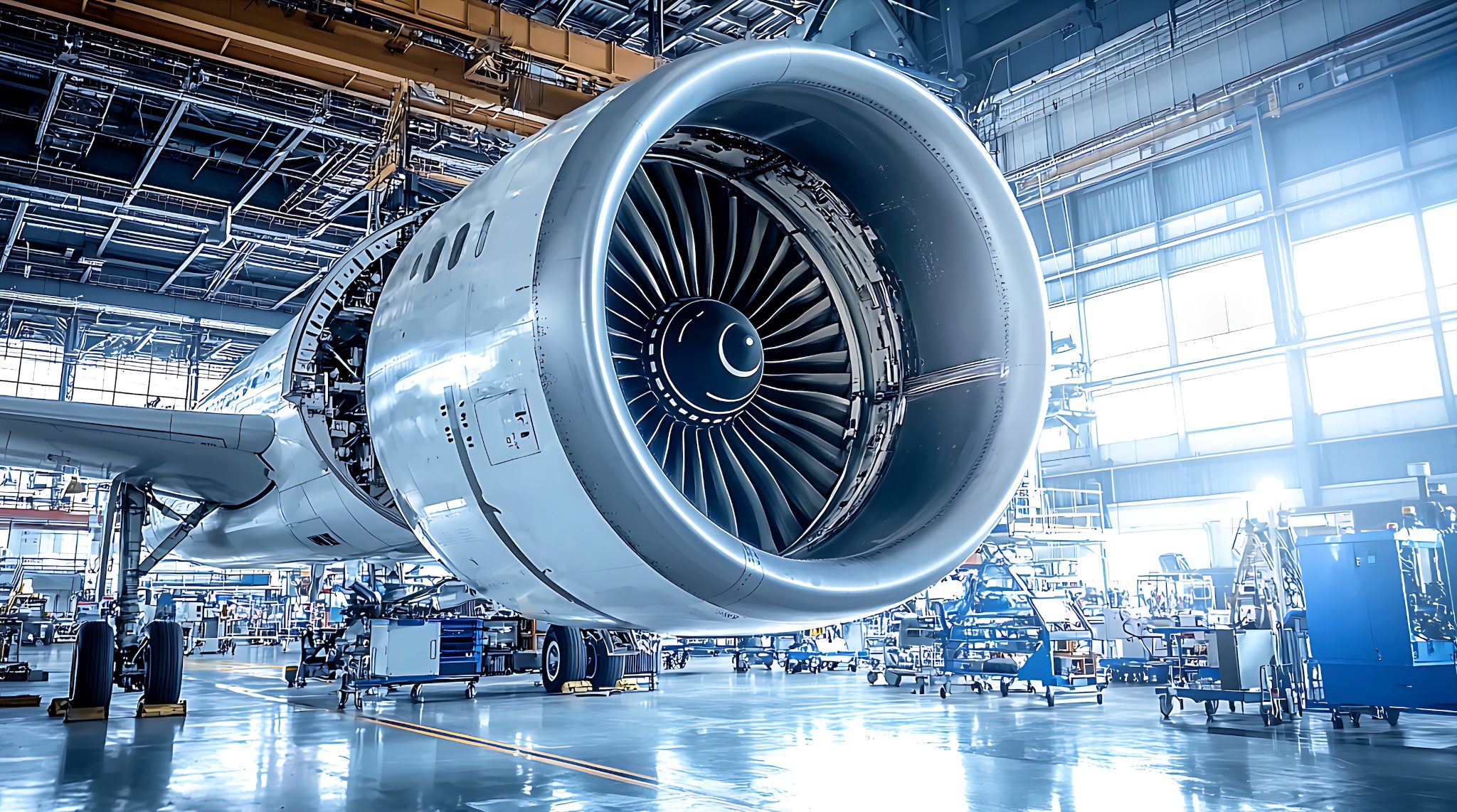 Aircraft engine in aerospace maintenance hangar