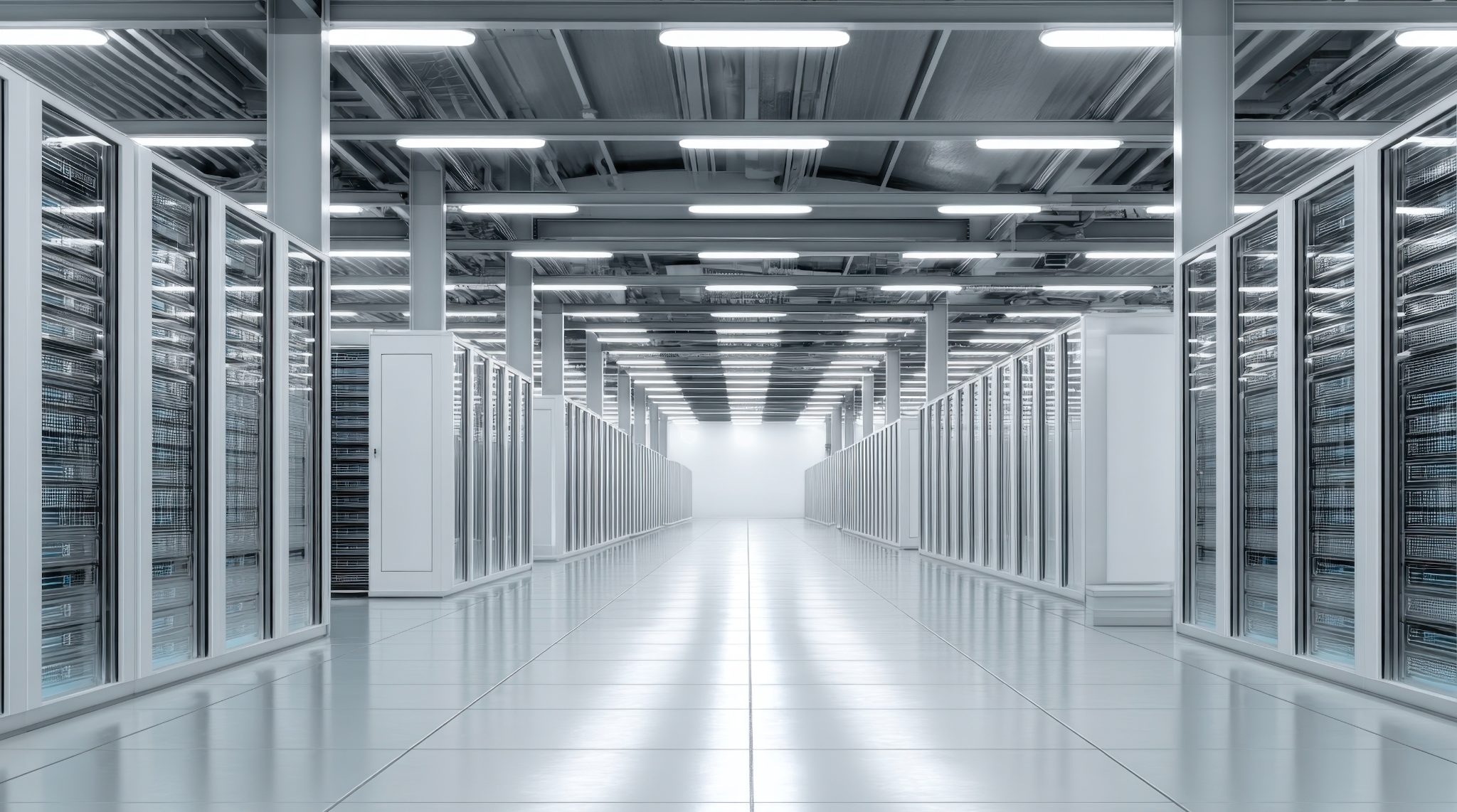 Data center hallway with rows of server racks